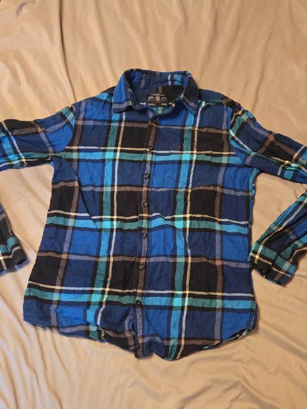 American Eagle Outfitters Blue and Black Plaid Button-Down Shirt